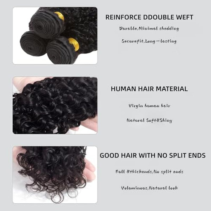 Water Wave Human Hair Bundles 12 14 16 Inch Black 3 Bundles Deals for Black Women Virgin Human Hair 12A Double Weft Quick Brazilian Hair Weave