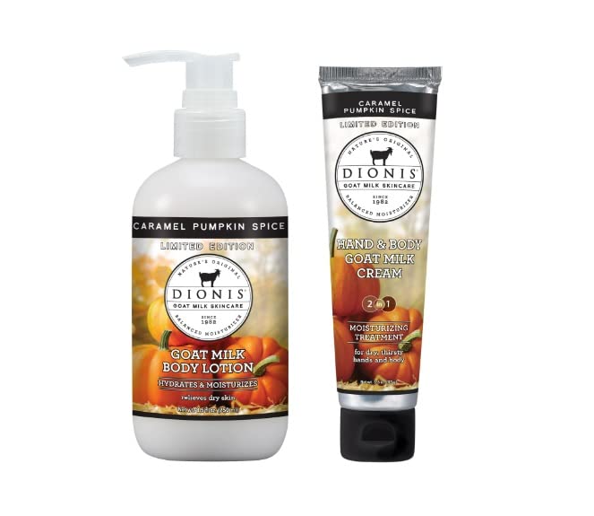 Dionis Goat Milk Lotion & Hand Cream Bundle - Caramel Pumpkin Spice Scent | 8.5 oz & 3.3 oz