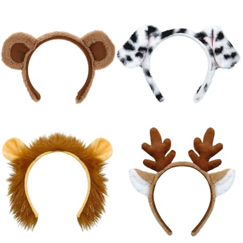 Beviliu 4 Pack Animals Ears Headband - Realistic Bear Ears Lion Ears Deer Ears Dalmatian Dog Ears Fluffy Hairband Halloween Christmas Animal Costume for Cosplay Party Washing Makeup