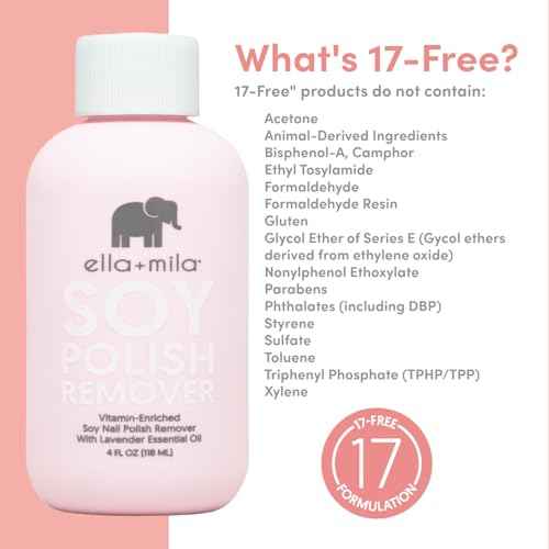ella+mila Soy Nail Polish Remover - Non-Acetone, Non-Toxic Fingernail Polish Remover for Natural Nails - Gentle, Vegan Formula with Lavender Oil & Vitamins A, C & E (4 fl oz)