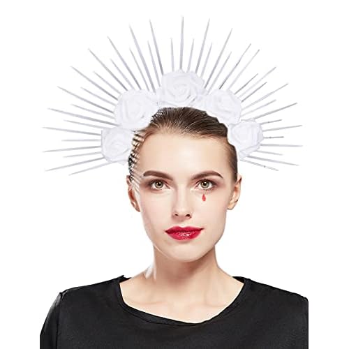 Fantherin Halo Crown with Roses Womens Mexican Flower Goddess Rose Spiked Sun Headpiece for Cosplay Halloween Costume