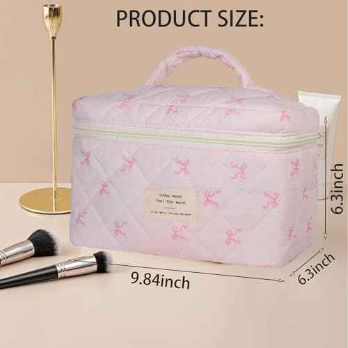 Large Makeup Bag, Cute Cosmetic Bags for Women Girls, Quilted Floral Toiletry Bag, Travel Make Up Organizer Bag