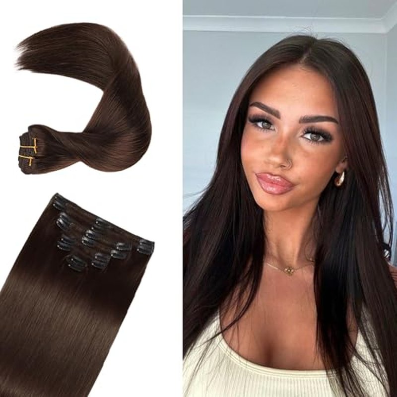 Remy Hair Extensions clip ins Hair Etensions for Women ailiceehr Dark Brown Double Weft Natural Hair Extensions Straight 8Pcs Soft and Thick 14inch 75g.