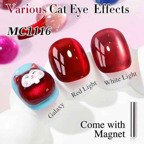 Double Rhythm Jelly Glass Cat Eye Gel Polish with Magnet 15ML Holographic Glitter Shimmer Translucent Sheer Color Magnetic Nail Polish Salon DIY at Home (Red-MC1116)