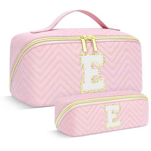 Makeup Bag Travel Toiletry Bag, Personalized Initial Pink Makeup Bag, Gift for Women Gils, Large Capacity Leather Cosmetic Bags, Waterproof Open Flat Organizer for Christmas, Halloween & Thanksgiving