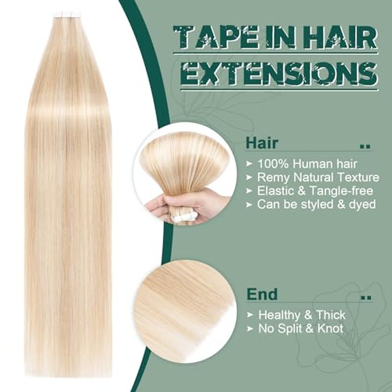 Benehair 20pcs Remy Tape in Hair Extensions Human Hair Ash Blonde&Bleach Blonde Seamless Skin Weft Tape in Real Human Hair Extensions Straight Hair 18 Inch 30g #18P613
