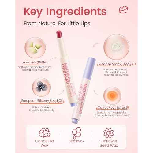 RUNBEN Kids Tinted Lip Balm, Strawberry-Scented Lipstick, 24H Moisturizing, Safe & Non-toxic Lip Gloss for Kids & Teen, Christmas Makeup Gift for Girls, 2g