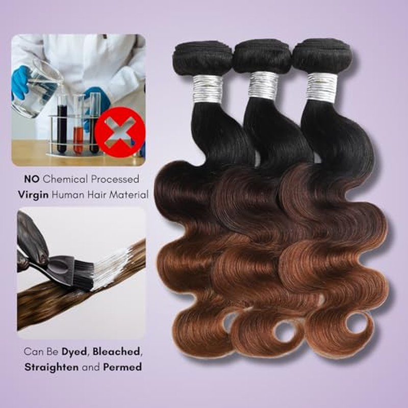 T1B/2/30 Chestnut Brown Ombre Human Hair Bundles Body Wave, 12A Thick Track 100% Virgin Human Hair Bundles Dark Roots Bundle 3 Tone Ombre Medium Auburn Colored Single Bundle Quick Weaves 20 Inch