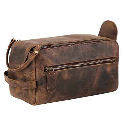 KomalC Premium Buffalo Leather Toiletry Bag for Men & Women ? Leather Dopp Kit With Water resistant Lining, Premium Toiletry Travel Pouch, Unisex Wash Bag for Toiletries, Gifts for Men and Women
