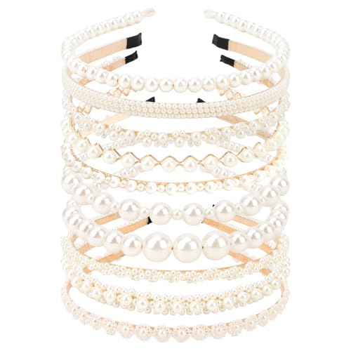 AMCAMI 10Pcs Pearl Headbands For Women,White Pearl Headpiece,Elegant Bridal Headband For Wedding, Party & Daily Wear