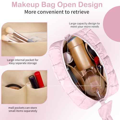 Puffy Quilted Makeup Bag, Cute Checkered Cosmetic Bags with Divider, Waterproof Travel Toiletry Bag, Make up Pouch for Women & Girls Travel Essentials (Bow, Pink, Medium)