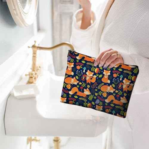 Small Makeup Bag for Purse Cute Canvas Waterproof Cosmetic Bags for Women Zipper Travel Toiletry Pouch-Fox Makeup Bags