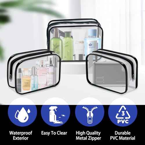16 Pieces Clear Cosmetic Bags PVC Clear Makeup Bags TSA Approved Toiletry Bag with Zipper Waterproof Vinyl Plastic Organizer Storage Transparent Pouch for Women and Men (Black, Small)