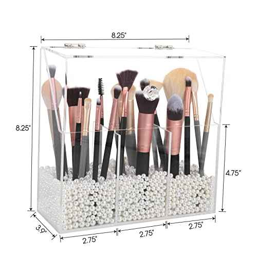 Acrylic Makeup Brush Holder, Clear Cosmetic Storage Box with 3 Brush Holders, Dust Cover, Large-Capacity Split Design for Organizing Vanity Desk