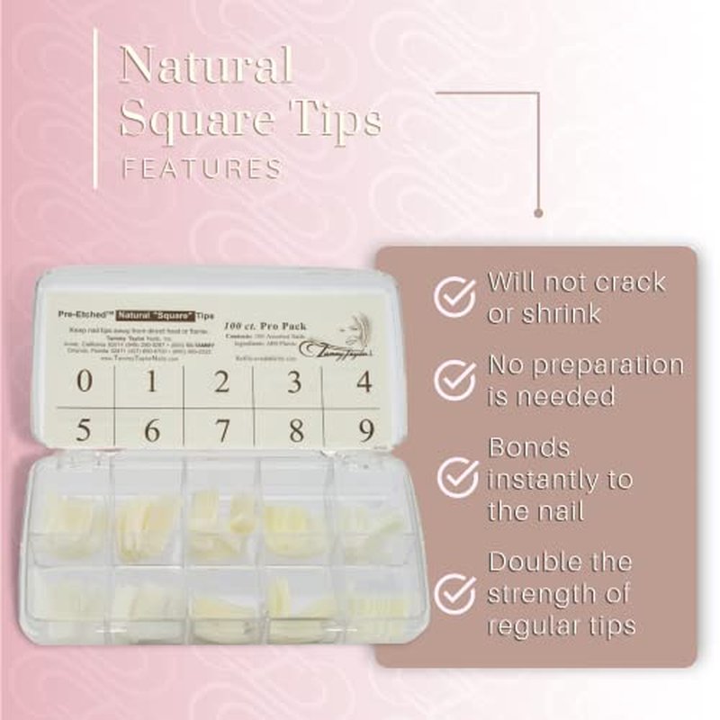 Tammy Taylor Natural Square Nail Tip Extensions, Full Coverage, Natural Lightweight, Long Lasting, Salon Grade Professional Pre Etched Acrylic Nail Tips, Well Less Fake Nails (100 count)