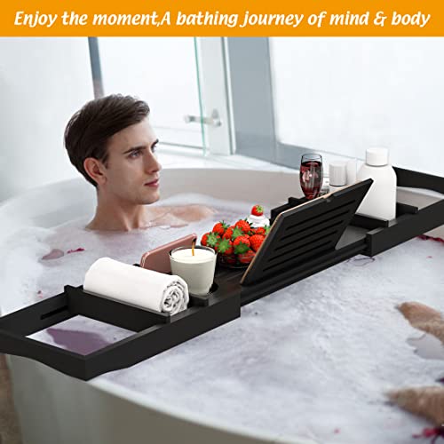 Bamboo Bathtub Tray for Luxury Bathroom, Expandable Premium Bath Tray w/Soap Towel Book Holder, Adjustable Bath Accessories for Tub,Extendable Tub Tray with Wine Glass Cup Organizer 29.5"-43.3" Black