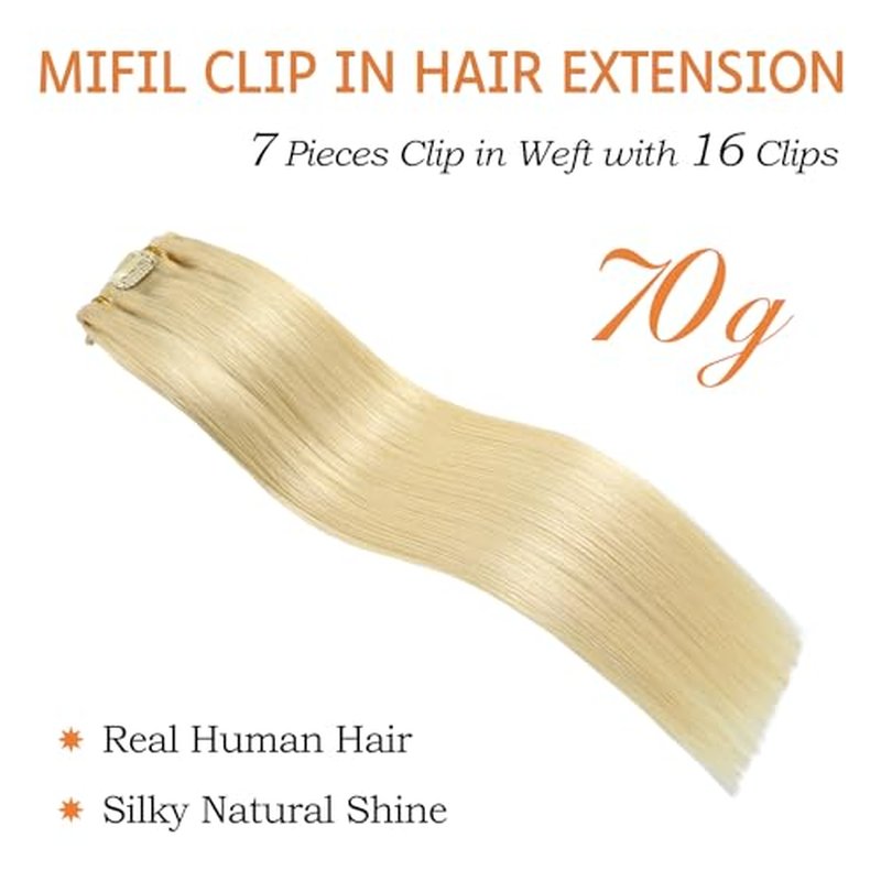 Human Hair Clip ins 16 Inches Human Hair Extensions Bleach Blonde Hair Extensions Human Hair 70g 7Pcs Remy Human Hair Extensions(16inch,7pcs, 70g)
