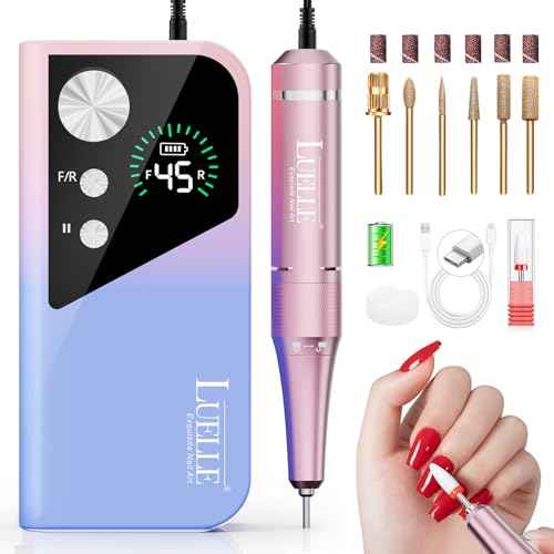 Electric Nail Drill File Professional 45000 RPM, LUELLE Electric Nail File Machine Kit for Acrylic Gel Nails Polishing Removing, Portable Rechargeable Cordless E File with Gold Bits Kit for Salon Home