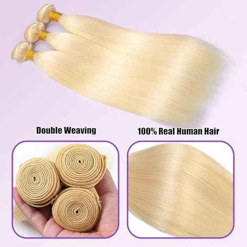 12A Grade 613 Bundles Human Hair Straight Blonde Bundles Human Hair 100% Unprocessed Brazilian Virgin Raw Hair Quick Weave for women 3 Bundle Deals Hair Extensions 22 24 26 Inch