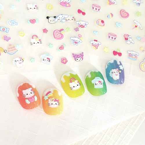 10 Sheets of 3D Nail Stickers - 719 Cute Nail Decals - Embossed Nail Stickers for Kids | Kawaii Theme - Butterfly, Flowers, Cats, Bunny, Stars, Fruits | Glow in The Dark