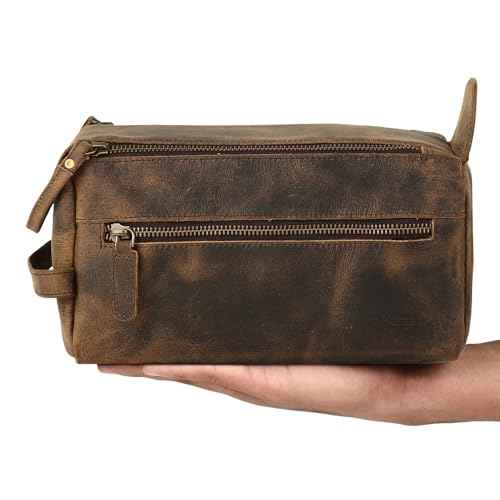 KomalC Premium Buffalo Leather Toiletry Bag for Men & Women ? Leather Dopp Kit With Water resistant Lining, Premium Toiletry Travel Pouch, Unisex Wash Bag for Toiletries, Gifts for Men and Women