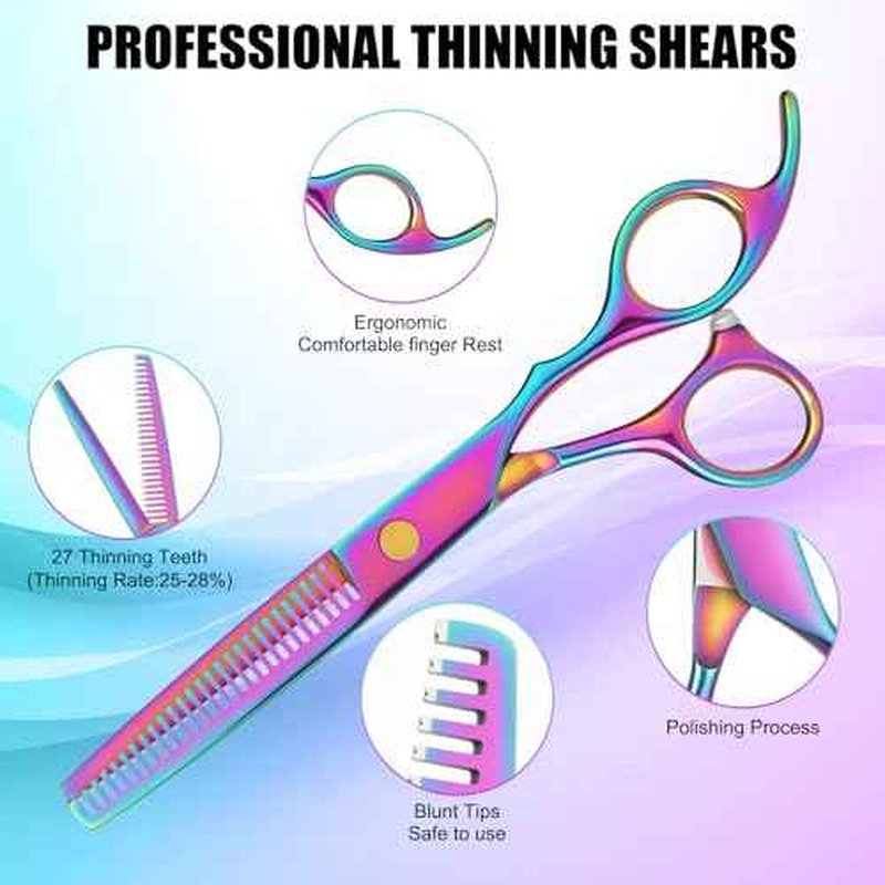 Hair Cutting Scissors Set, Professional Haircut Scissors Kit with Cutting Scissors Thinning Scissors for Barber/Salon/Home/Men/Women/Kids/Adults(Rainbow)
