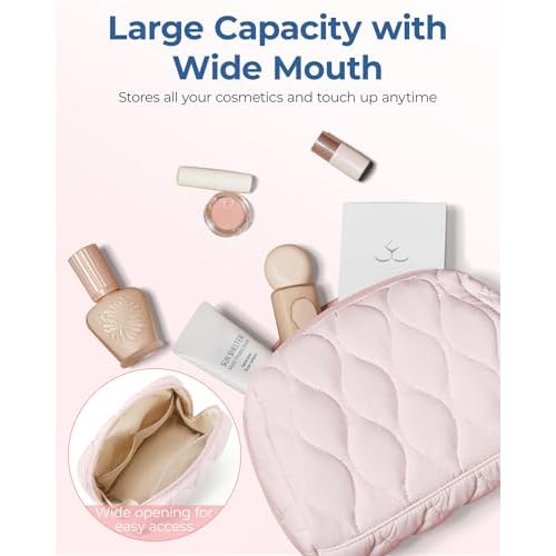 BAGSMART Makeup Bag, Travel Cosmetic Bag, Puffy Padded Make Up Bag for Women, Makeup Organizer Case, Wide-open Pouch Purse, Travel Essentials, Toiletries Accessories Brushes, Black