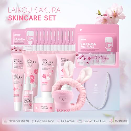 LAIKOU Sakura Skincare Set for Teen Girls, Complete 34PCS Face Care Kit, Christmas Pamper Gift Set for Women & Teenage Girls, Hydrating & Nourishing Travel-Friendly Daily Facial Skincare Routine