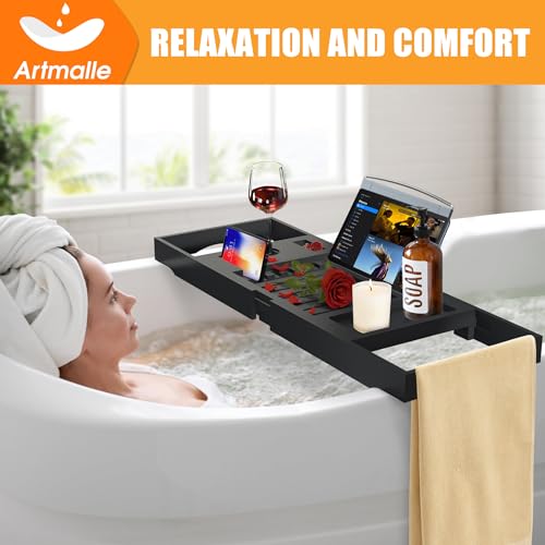 Luxury Bathtub Caddy Tray for Tub - Foldable Bamboo Bath Table Tray with Book and Wine Glass Holder, Expandable Bathroom Accessories for Spa or Reading Lite Style,Black