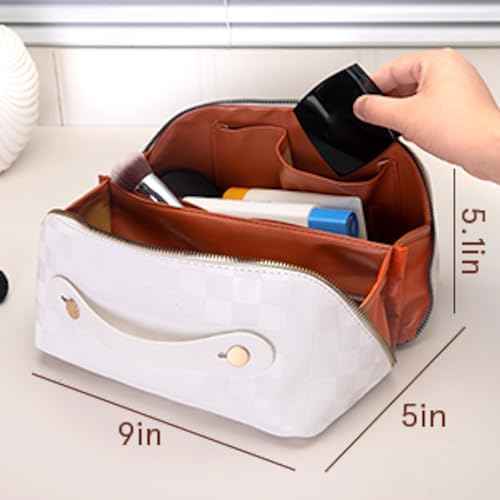 Large Capacity Brown Checkered Makeup Bags Portable Travel Cosmetic Bags Open-Flat Toiletry Bag for Women Girls Make Up Organizer with Divider Pouch Zipper Bag (white-checkered)