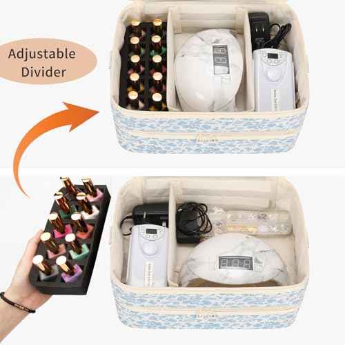 Ethereal Nail Polish Organizer Case Holds 50+ Bottles(15ml/0.5fl.oz) and Nail Lamp, Double Layer Nail Polish Storage Bag for Nail Kit, Manicure Tools,blue flower