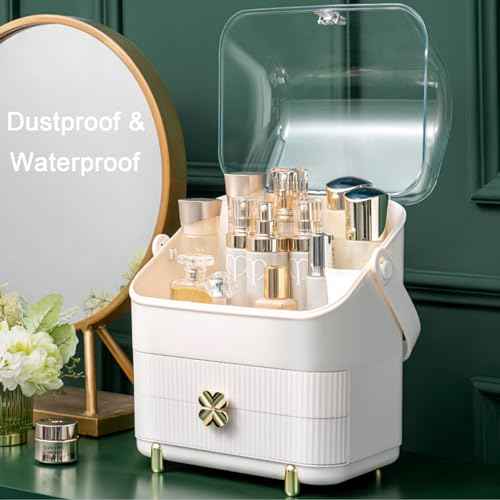 Preppy Skincare Organizers Makeup Organizer Holder Cosmetic Storage Box Display Case 3 Tiers Dust Free Cover Portable Handle 2 Rroomy Drawers Gift Great For Bathroom Countertop Dresser Ivory White