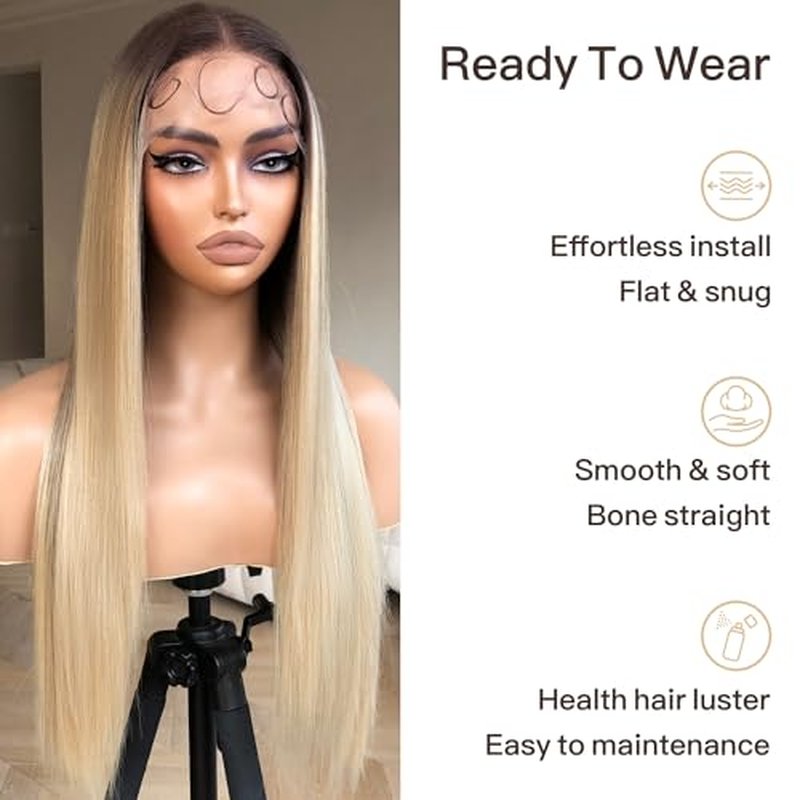 Straight Lace Wig Pre Plucked, Synthetic Lace Front Wig Pre Plucked, HD Glueless Wigs 13X5X1 Lace Wigs for Women 180 Density 26inch (ombreblond, 26)