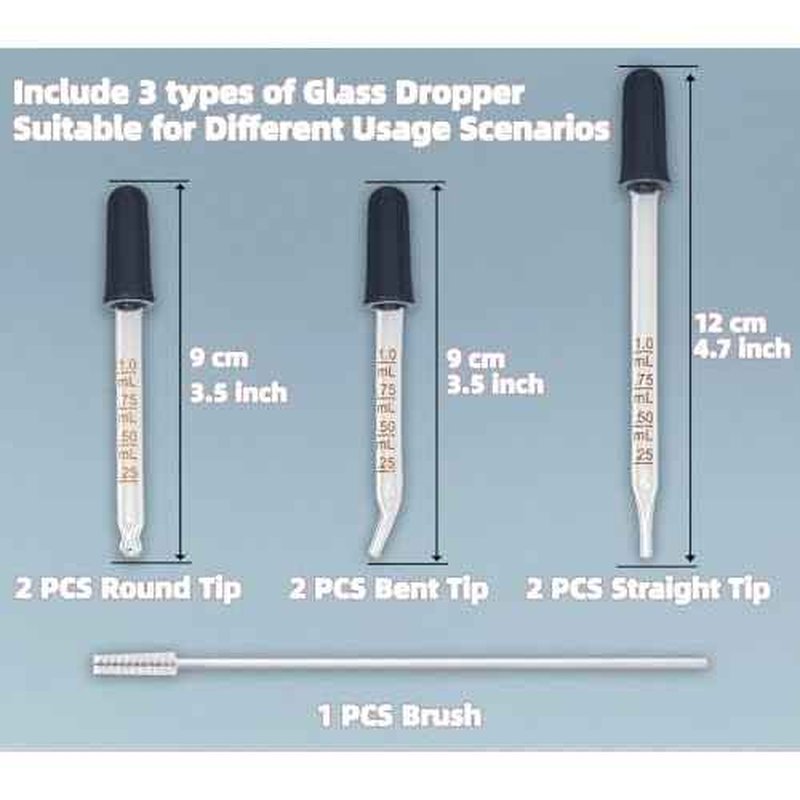 6 Pack Glass Pipette Dropper with Brush - Bent & Straight Tips, 1 ml Eye Droppers for Essential Oils, Lab, Crafts, Measuring and Transferring Liquids