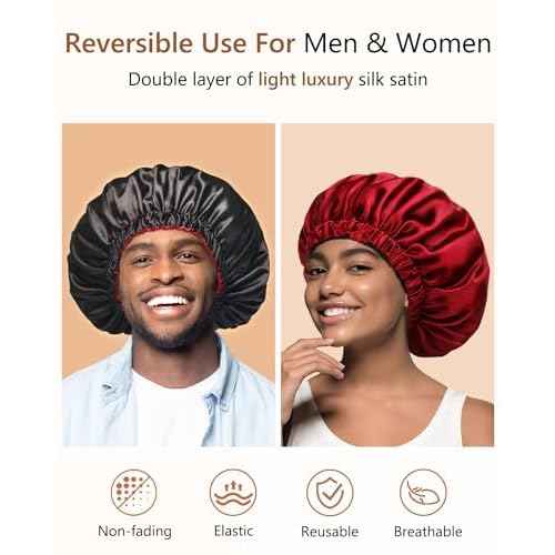 mikimini Satin Bonnet for Men and Women, Reversible Double Layer Sleeping Bonnet for Hair Braids with Anti-slip Adjustable Elastic Band Super Soft (XL, Black/Red)