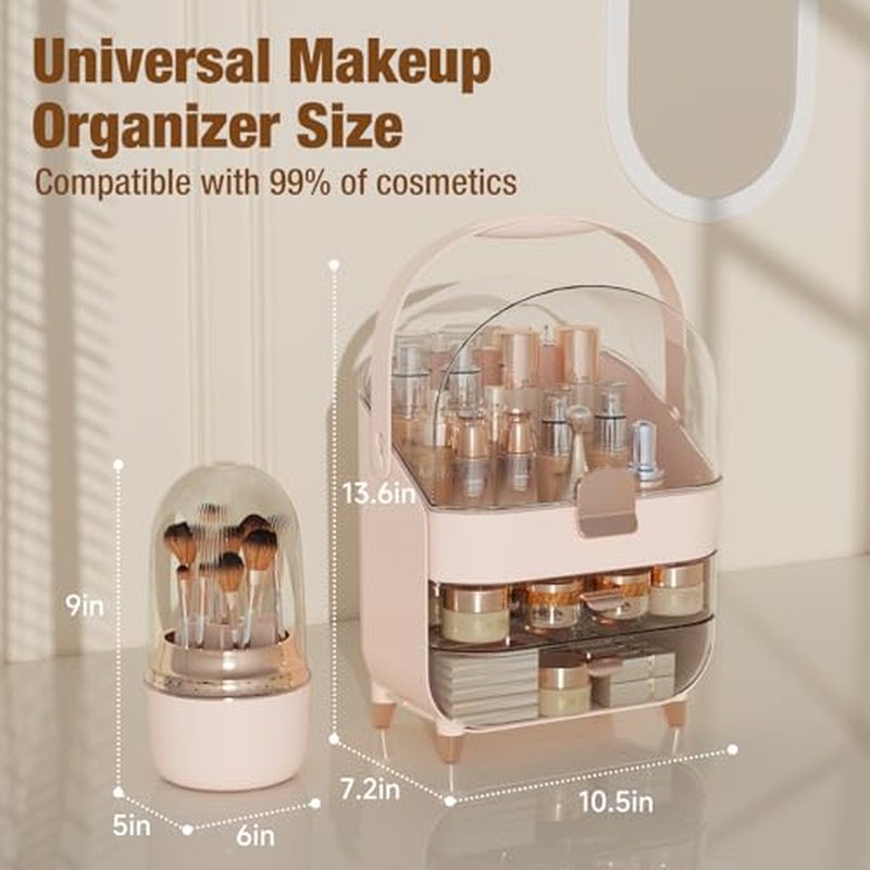 Makeup Organizer, Skincare Organizers With Makeup Brush Holder, Cosmetic Organizer for Countertop,Bathroom, Vanity, Cosmetic Display Cases, Christmas Gifts for Teen Girls (Pink)