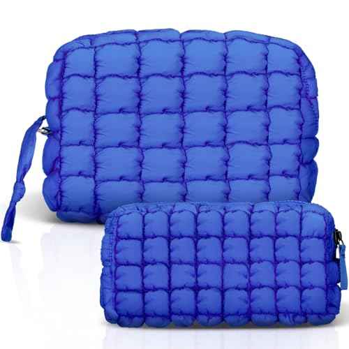 Meanplan 2 Pcs Puffy Quilted Makeup Bag Puffer Cosmetic Bag Travel Solid Cute Organizer Checkered Makeup Pouch for Women