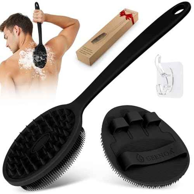 Silicone Back Scrubber & Bath Glove Set 2PCS, 13.4'' Gentle Shower Back Scrubber with Dual-Side Head Non-Slip Handle, 360¡Æ Anti-Slip Hand-fit Bath Glove for Rich Foaming Deep Cleaning(Black)