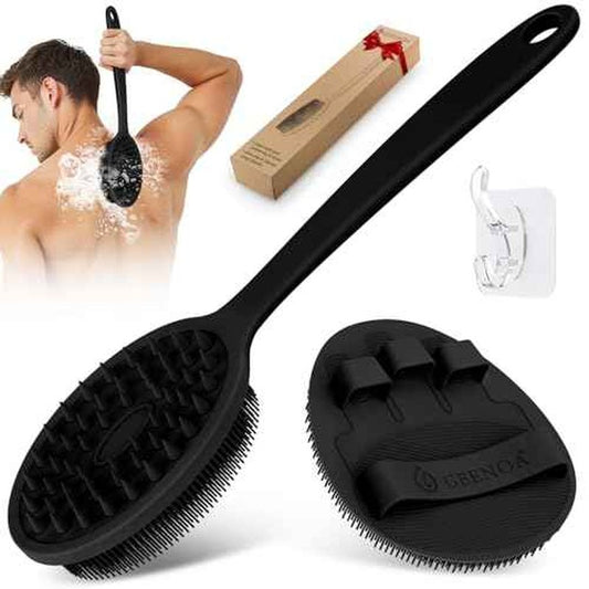 Silicone Back Scrubber & Bath Glove Set 2PCS, 13.4'' Gentle Shower Back Scrubber with Dual-Side Head Non-Slip Handle, 360¡Æ Anti-Slip Hand-fit Bath Glove for Rich Foaming Deep Cleaning(Black)