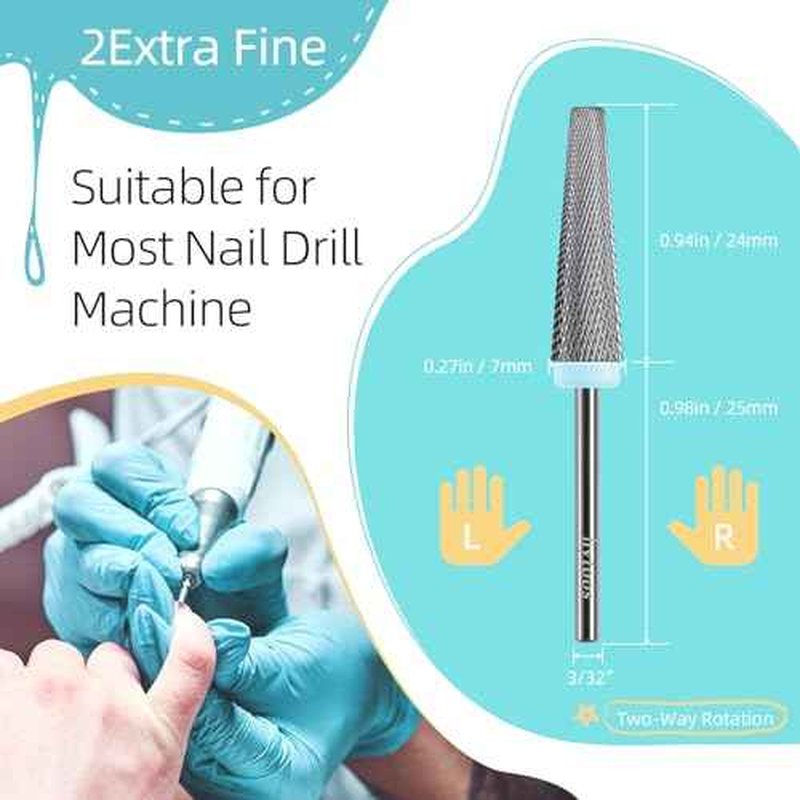24mm Super Long 5 in 1 Nail Drill Bits, Cross Tapered Carbide Bit, 3/32" Two-way Rotate for Both Hand, Remove Acrylic Nails/Gel, Electric File Tool Drills Manicure Accessories (2XF)