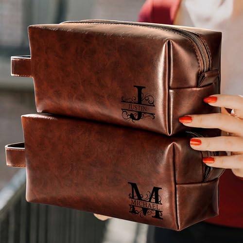 Mens Toiletry Travel Bag Initial J, Personalized Leather Toiletry Bag for Men, Anniversary Christmas Valentines Fathers Day Birthday Gifts for Husband Dad Grandpa Brother