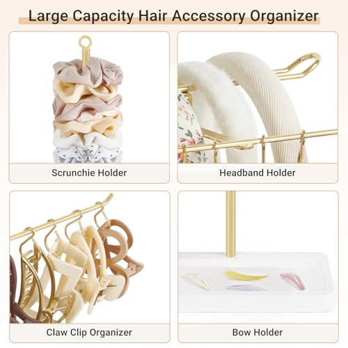 Dahey Headband Holder Multifunctional Hair Accessories Organizer Display Hairbands Claw Clips Scrunchie Metal Storage Stand Stylish Bedroom Dorm Bathroom Vanity Decor for Girls Women, Gold
