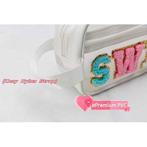 COSHAYSOO Clear MISC Makeup Bag Miscellaneous Stuff Organizer, Small Preppy Chenille Letter Patch Cosmetic Zipper Pouch, Toiletry Make Up Travel Purse Gifts for Teen Girls Women Daughter Sister