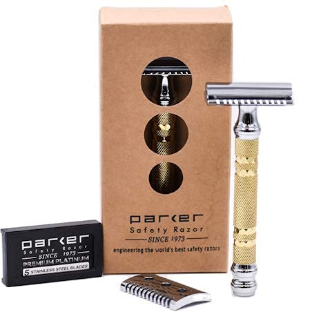 Parker Double Edge Safety Razor - Interchangeable Open & Closed Comb Plates | Solid Brass/Chrome 93g Handle, Customizable Shave Experience