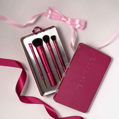 Real Techniques Blend, Set + Stash 5 Piece Holiday Makeup Brush Set with Storage Tin, Face & Eye Brushes for Foundation, Powder, Brows & Eyeshadow, Gift for Her, Cruelty-Free & Vegan