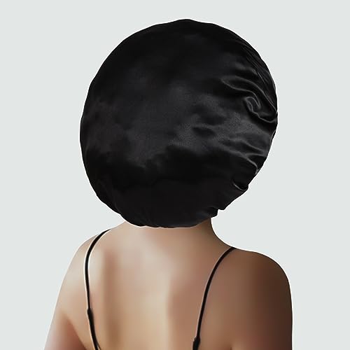 Extra Large Satin Bonnet Hair Cap, 17inches Silk Bonnet for Sleeping, Jumbo Silk Sleep Cap for Women Braids Curly Hair Locs 1Pcs (Black)
