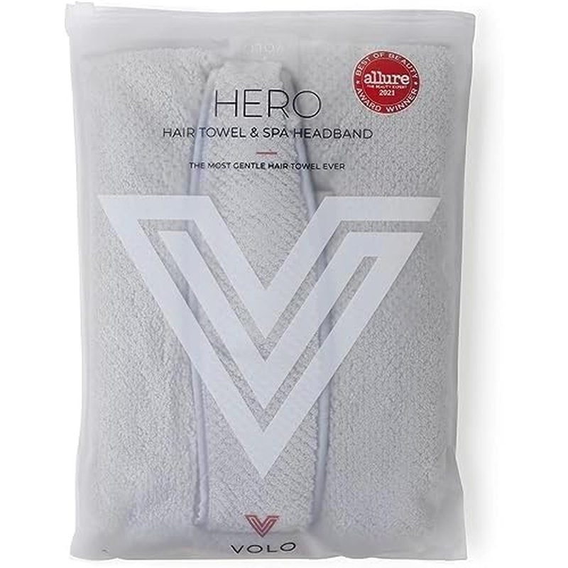 VOLO Luna Gray Hero Hair Towel + Facial Spa Headband for Women | Wrap Towel + Headband for Washing Face & Makeup | Ultra-Soft, Fast Drying, Anti-Frizz Nanoweave Fabric | Reusable Package | Microfiber