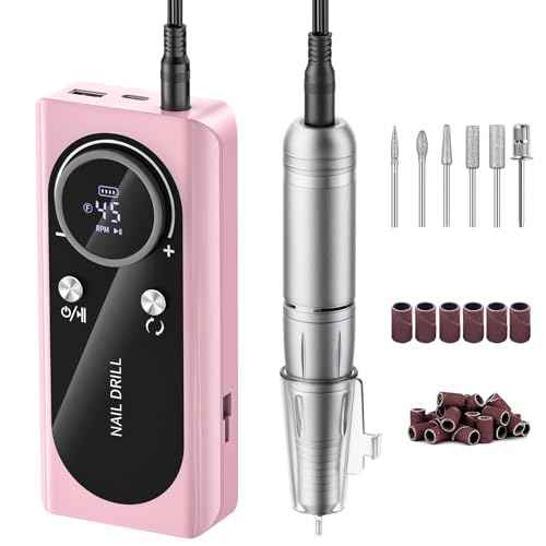 Electric Nail Drill Machine 45,000RPM - Professional Electric and Rechargeable Nail Drill with LCD Display, 6 Bits and 30 Sanding Bands, Low Heat Quiet E-File for Acrylic Gel Nails (Light Pink)