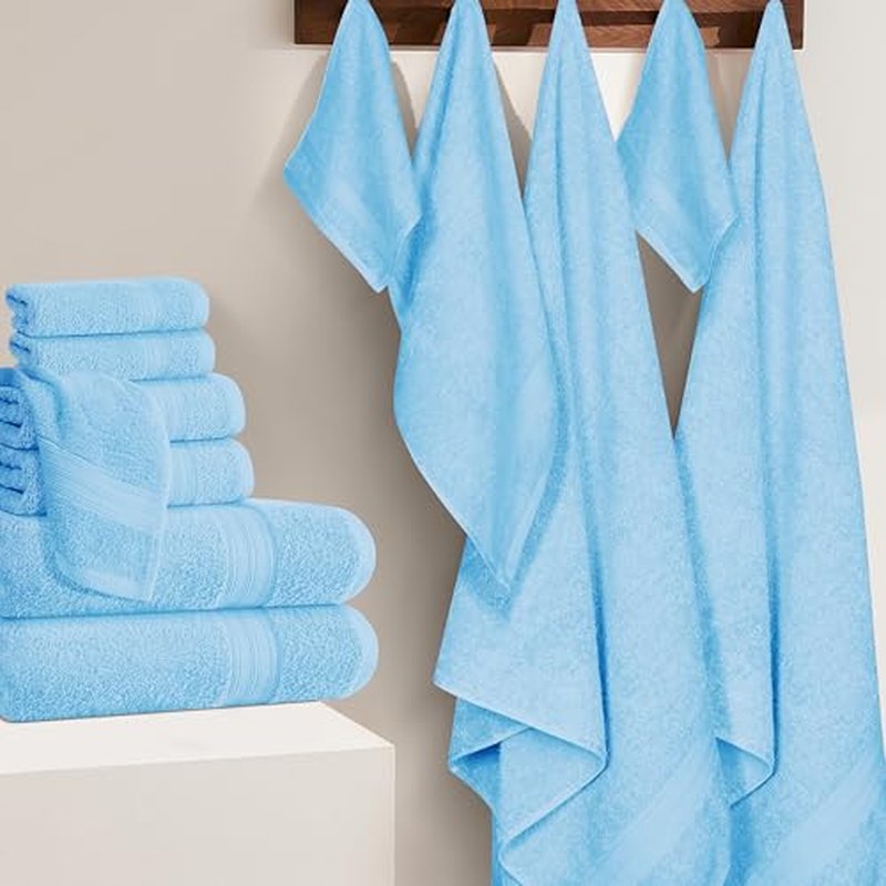 BOUTIQUO 24 Pack Cotton Towel Set, Contains 6 Bath Towels 27x54 inch, 6 Hand Towels 16x24 inch & 12 Wash Coths 12x12 inch, Ideal Everyday use, Ultra Soft Compact & Lightweight - Sky Blue