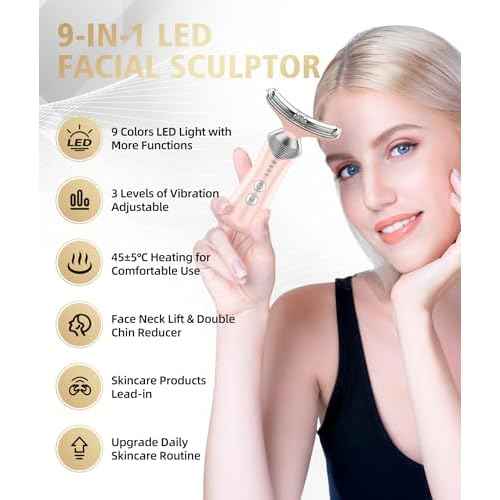 9-in-1 Red-Light-Therapy-for-Face-and-Neck, Portable Facial Massager Tool with Adjustable Vibration & Thermals for Wrinkles, Double Chin, Pink